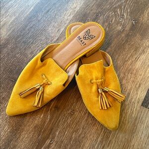 BEAST FASHION Mustard Yellow Tassel Pointed-Toe Suede Mules